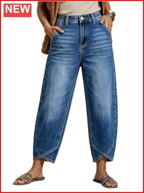 High Rise Barrel Leg Cropped Jeans Tulip Hem Relaxed Fit